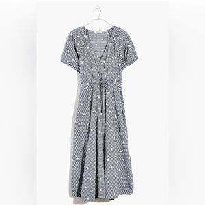 Madewell Embroidered Gingham Faux Wrap Tie Waist Midi Dress NE782 Blue Gingham S